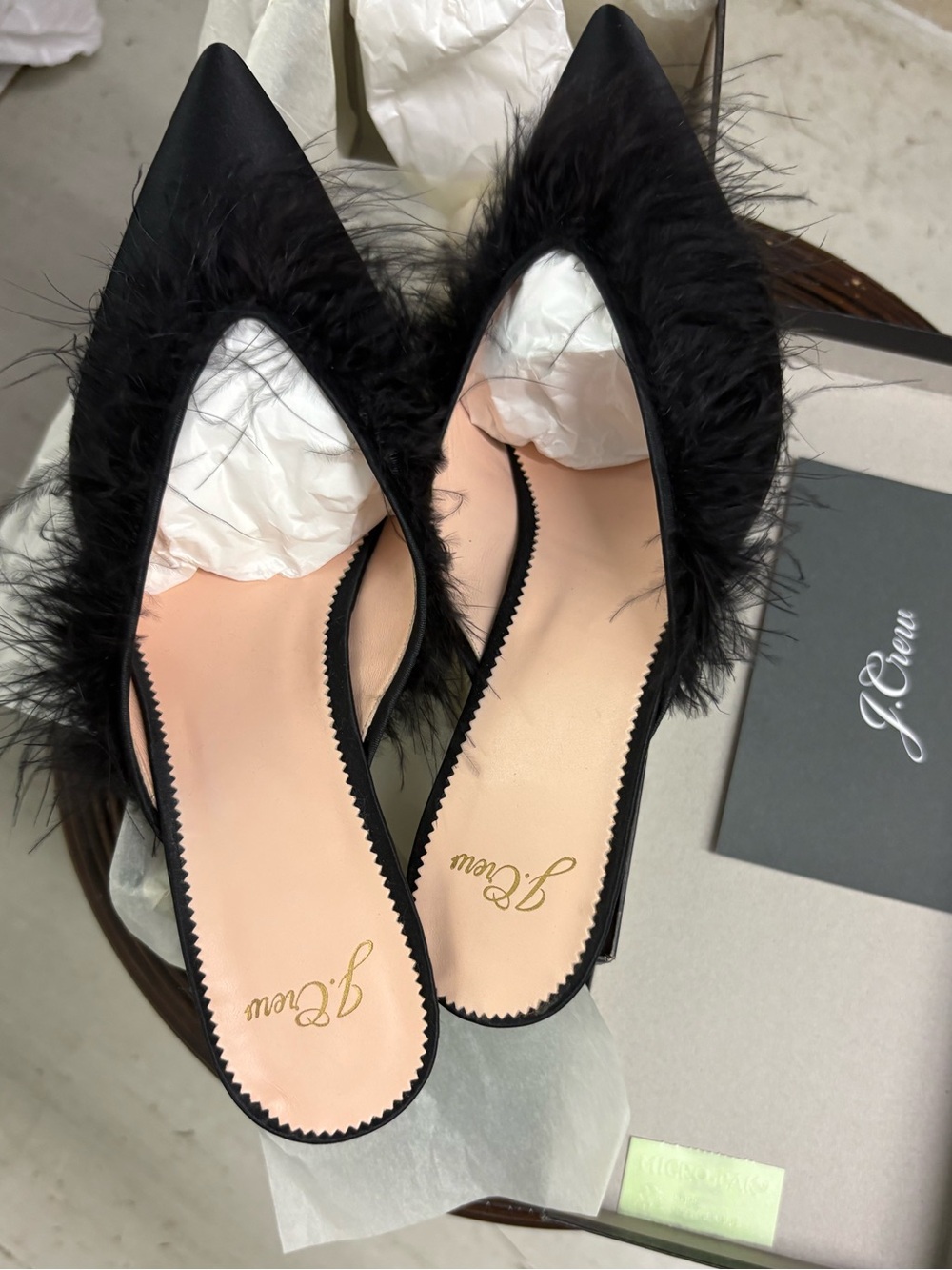 J. Crew Sophia Kitten Heels in Satin with Feathers. Size 9.5. New.